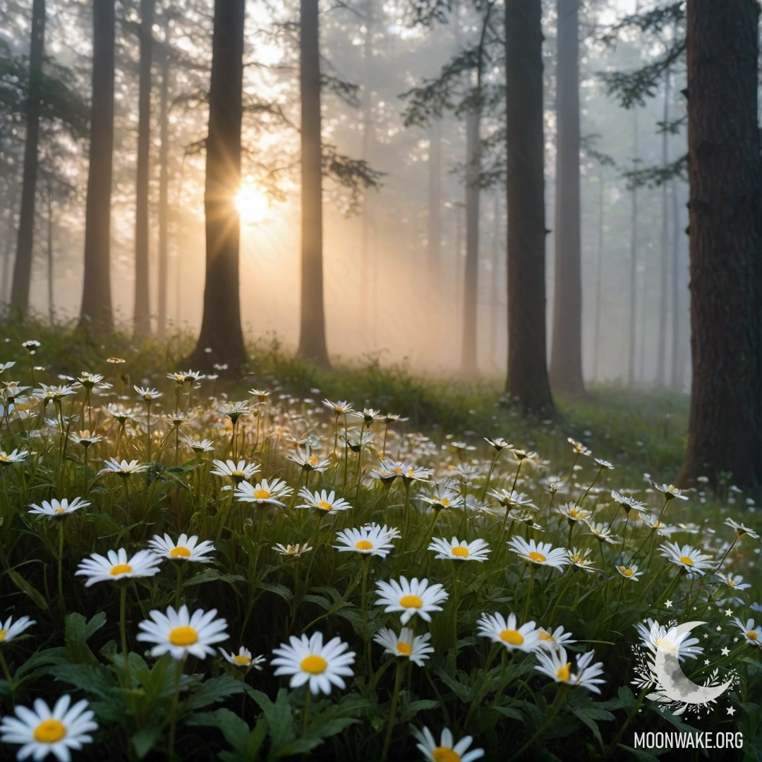 Крупный план ромашек в туманном лесу на закате