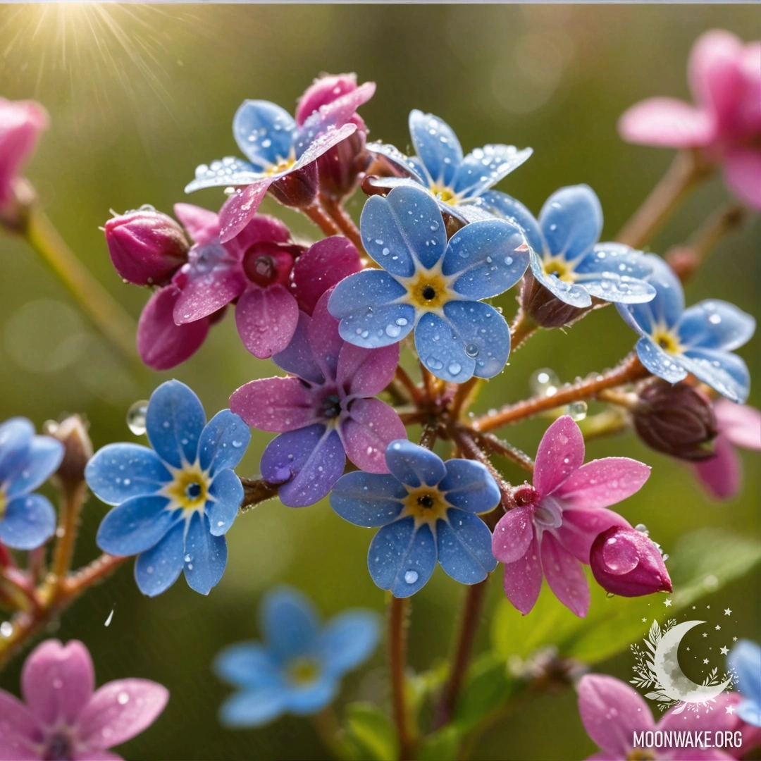 Крупный план фуксиевых незабудок, сверкающих от капель росы под солнечными лучами.