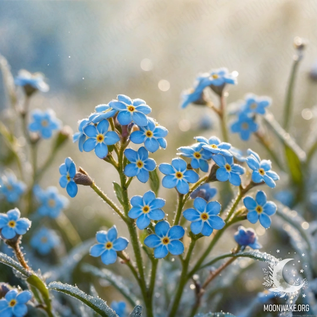 Акварельная картина с незабудками, покрытыми инеем, подсвеченными солнечными лучами и в цветовой гамме морских волн.