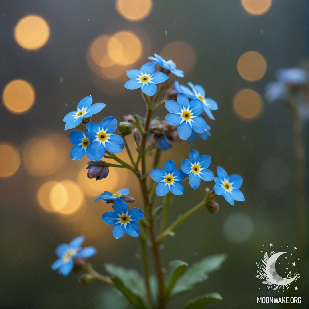 Плотный туман окутывает нежные голубые незабудки с золотыми пайетками, создавая волшебную атмосферу ночи.