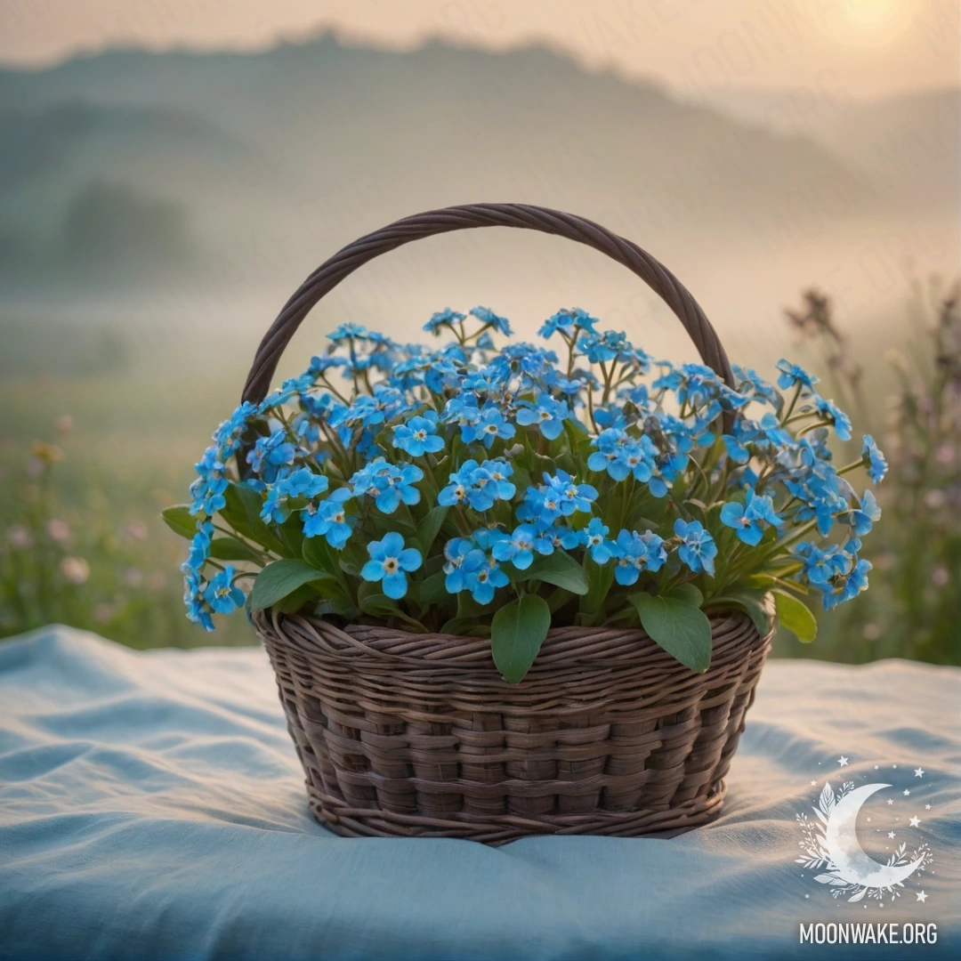 Изображение в винтажном стиле с незабудками в мятном корзине, окруженными туманом на закате.