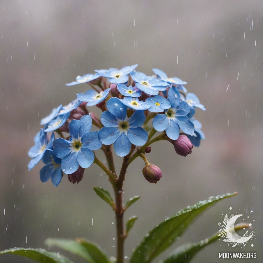 Акварельный пейзаж с розовыми незабудками в туманном дожде.
