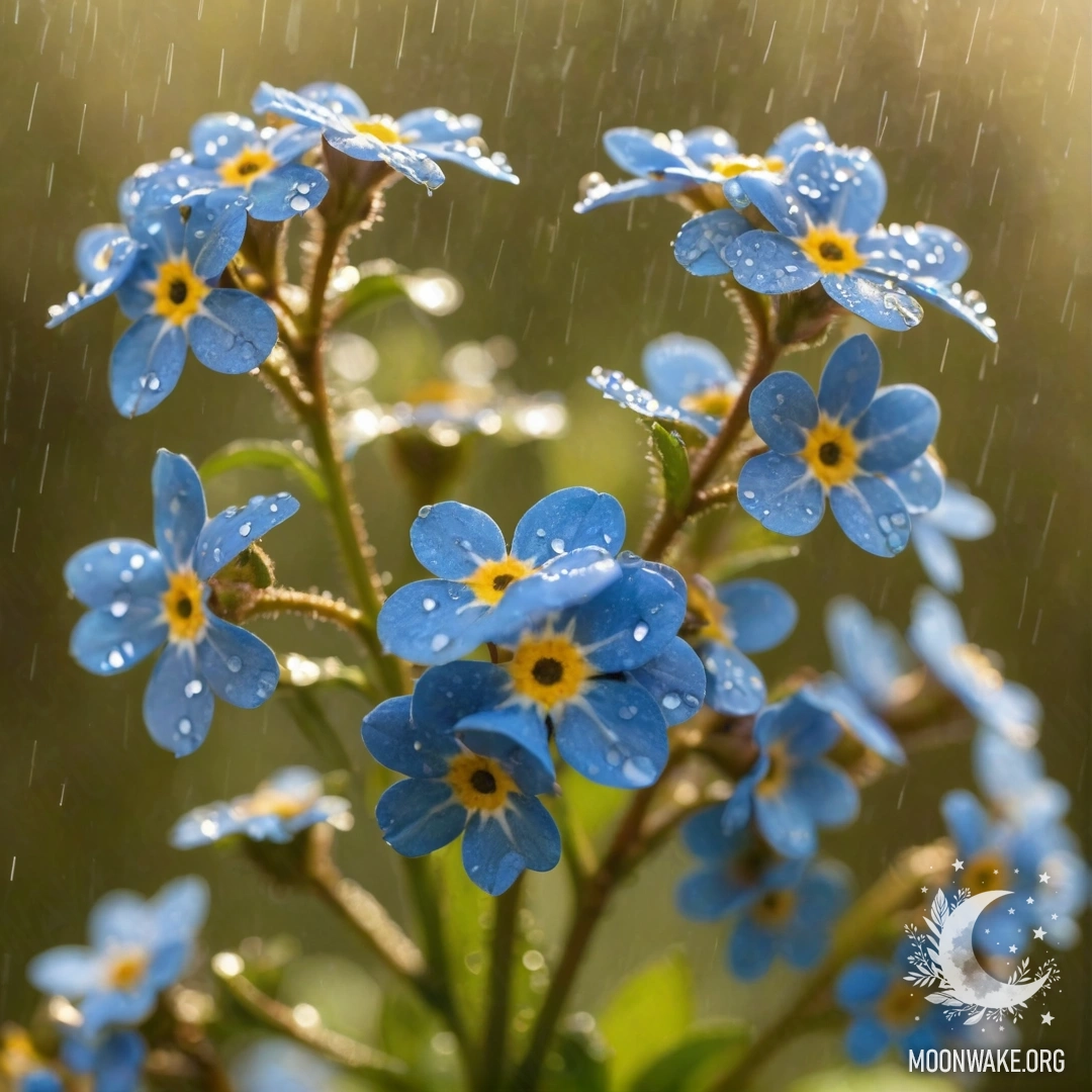 Красивый пейзаж с незабудками под дождём, озарённый солнечными лучами.