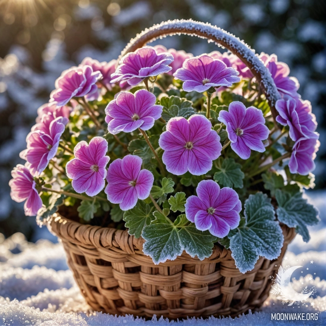 Замерзшая фиолетовая герань, купающаяся в теплом солнечном свете из корзины.