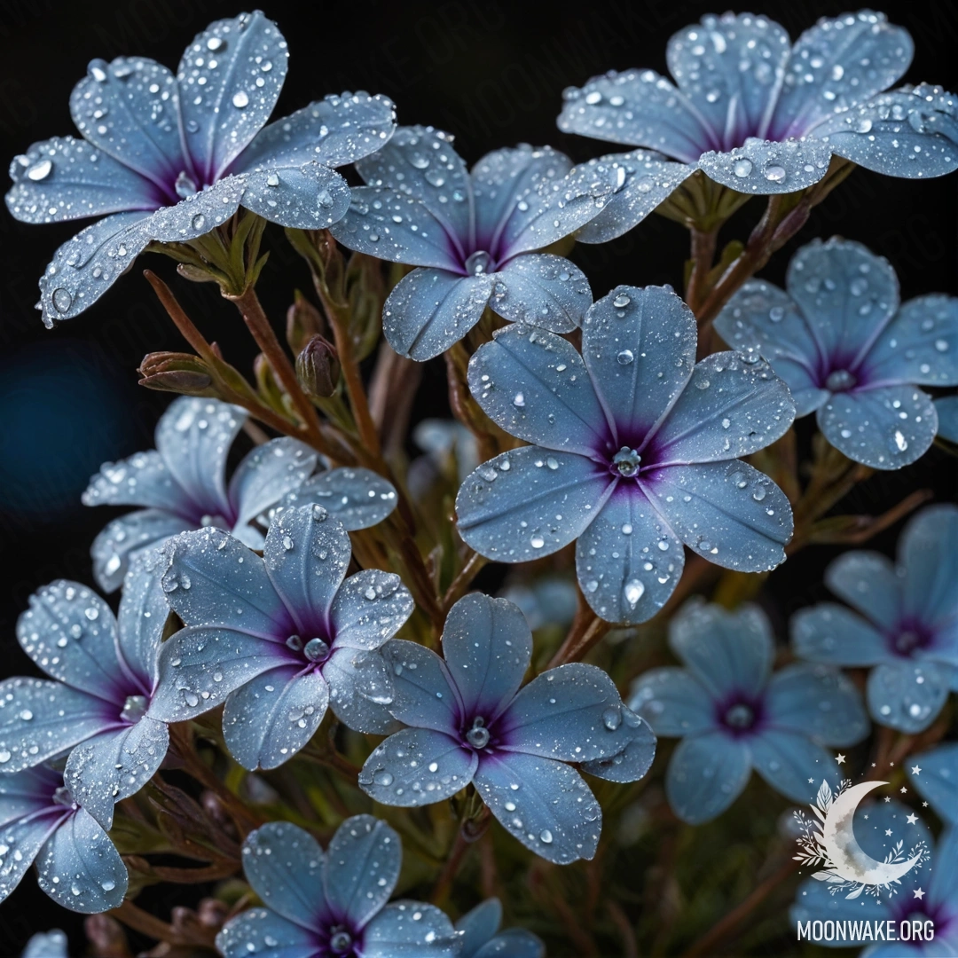 Романтическая сцена с голубыми флоксовыми цветами, покрытыми морозом ночью, декорированными стразами.