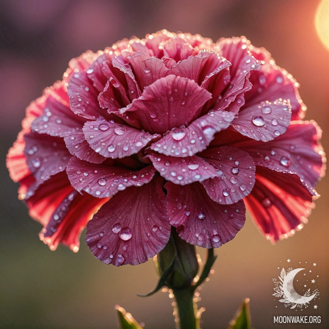 Фуксиевая гвоздика с каплями росы, сияющими на закате, украшенная блестками.