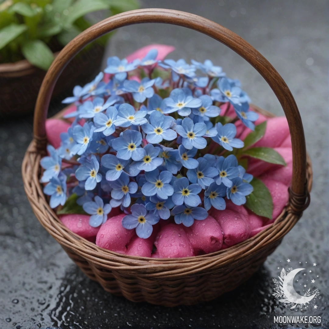 Корзина, наполненная фуксиевыми незабудками в туманном дожде.