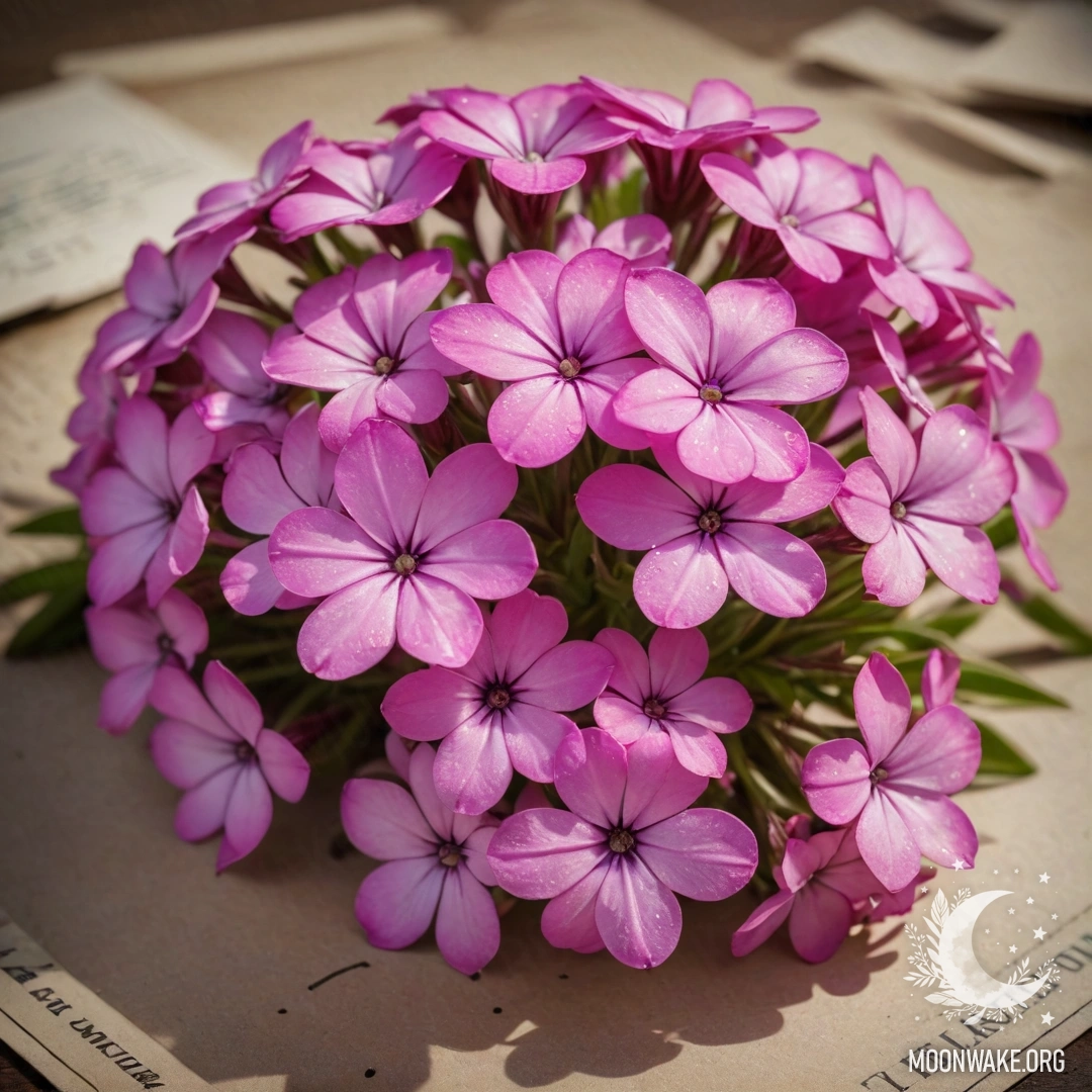 Букет фиолетовых флоксов, украшенный солнечными лучами и блестками.