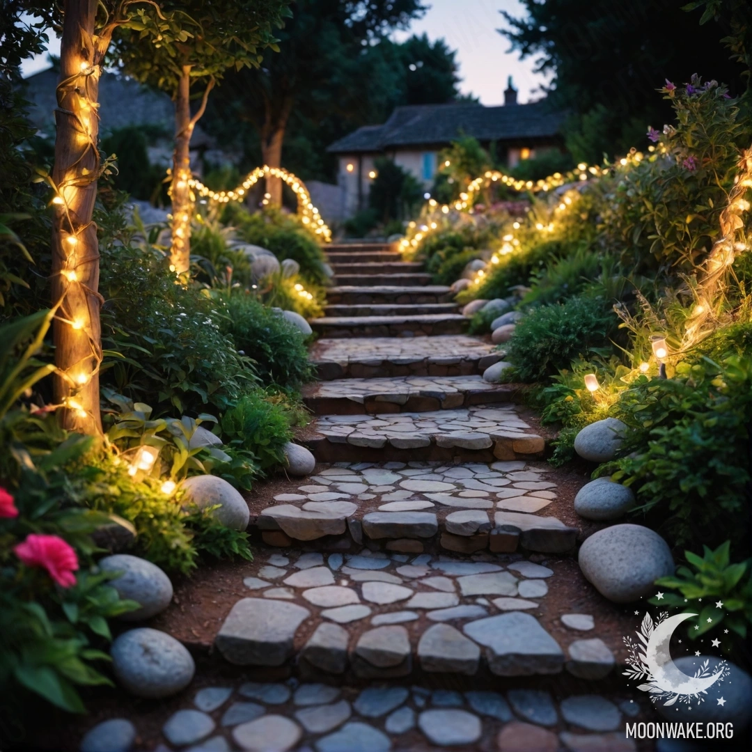 Живописный сад, украшенный мерцающими гирляндами на закате, с каменной дорожкой и деревянной лестницей.