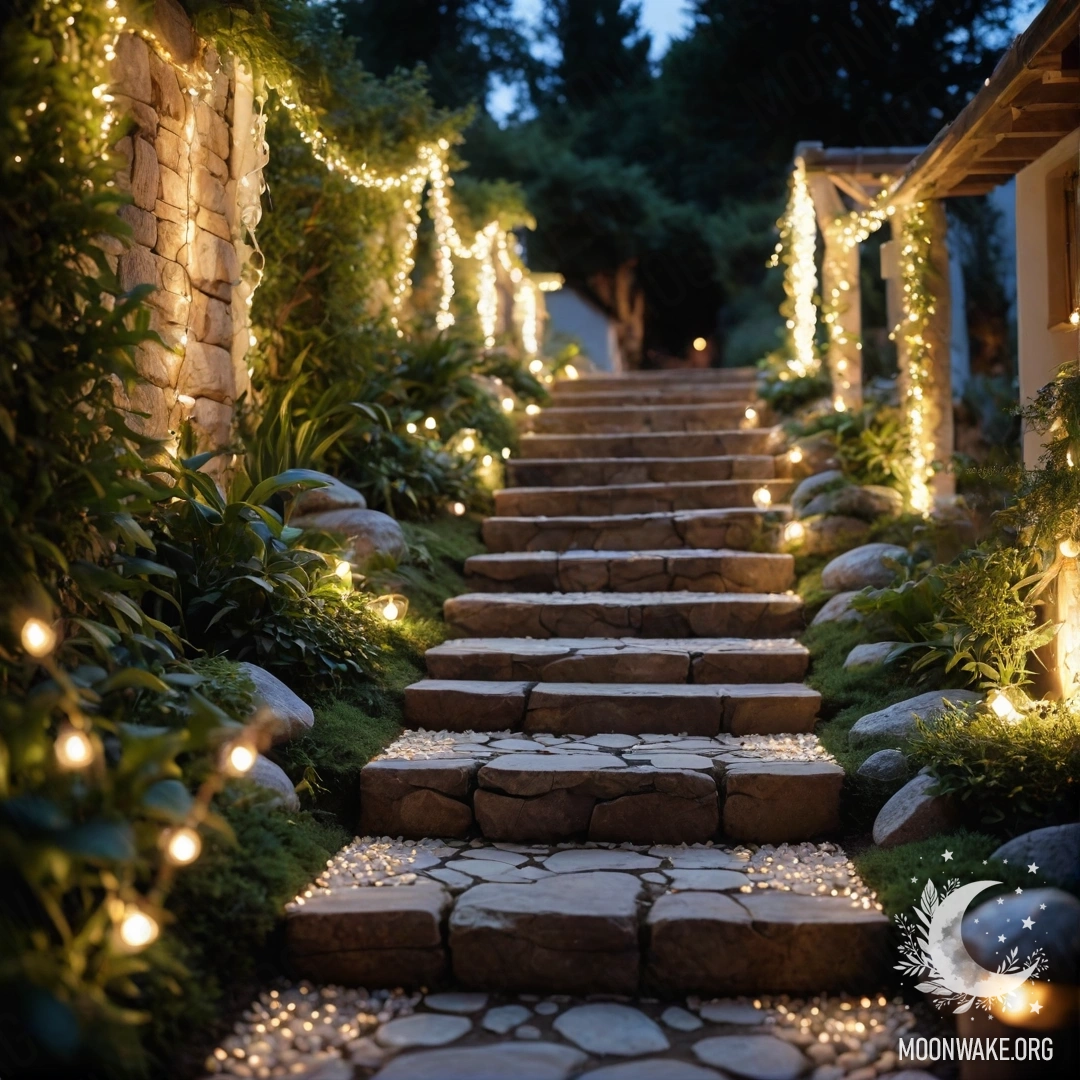 Романтическая дорожка в саду, выложенная камнями, украшенная светящимися гирляндами и деревянная лестница, освещенная волшебными огнями.