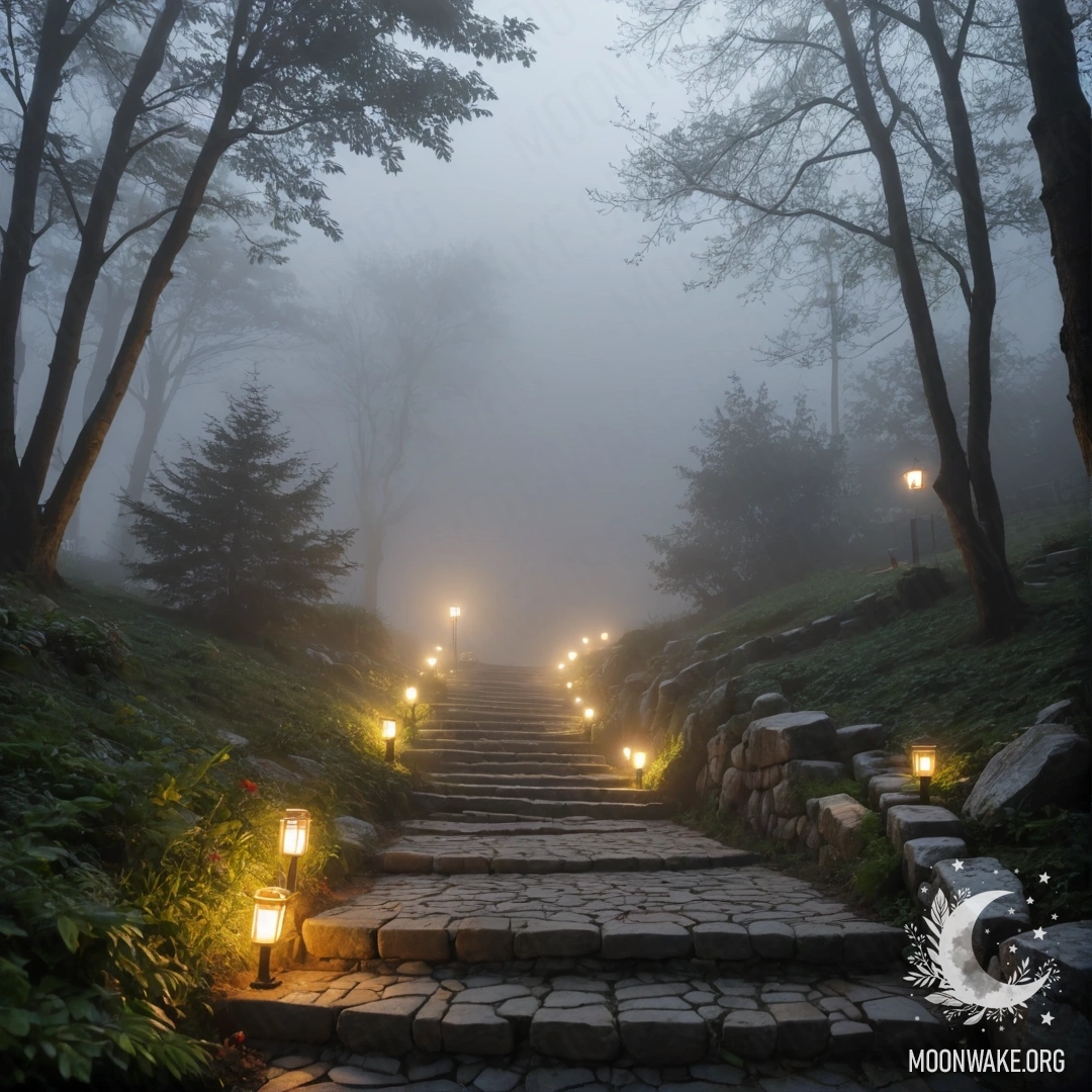 Романтическая садовая дорожка из камня и деревянной лестницы в густом тумане, украшенная гирляндами из огней.