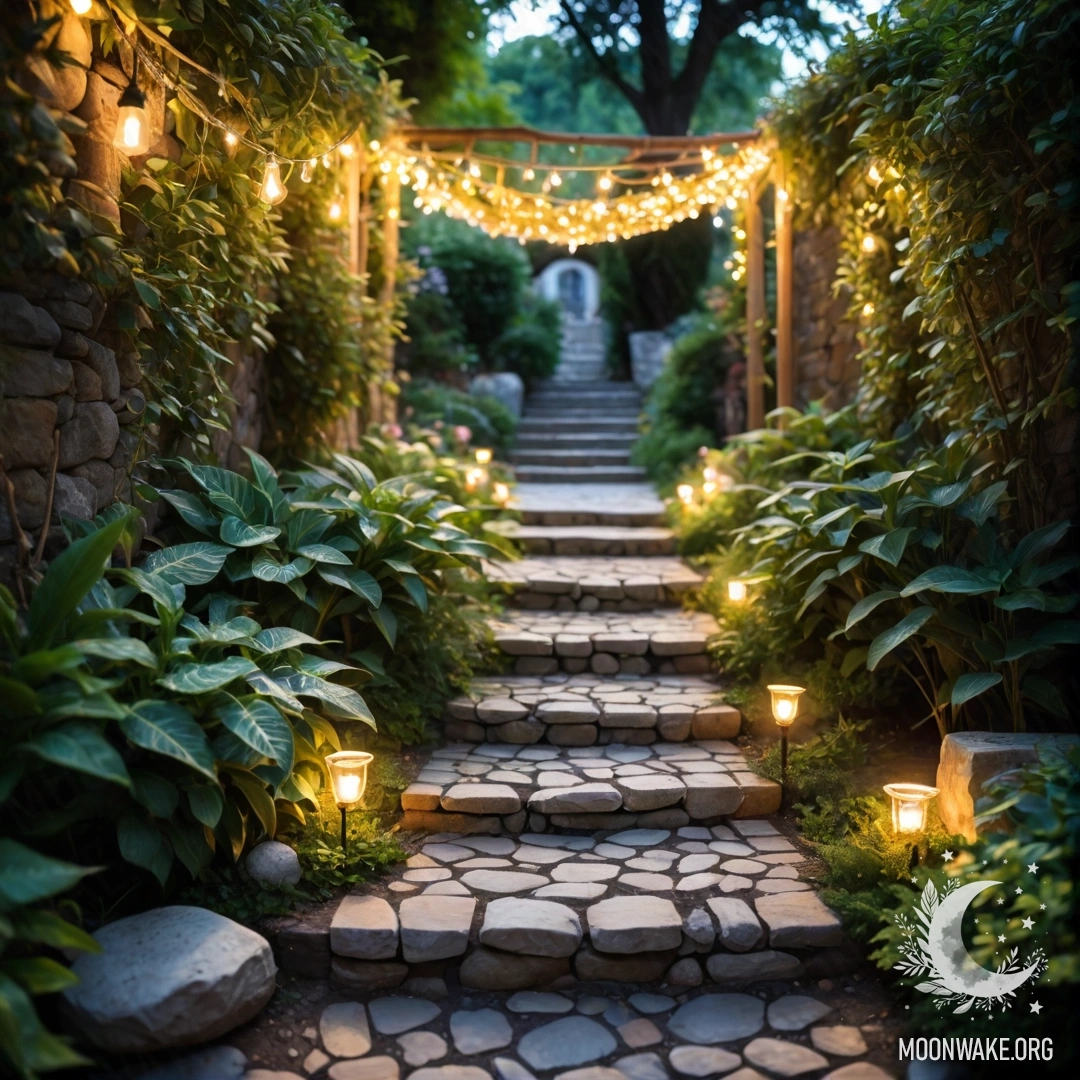 Романтический сад с легкими гирляндами, каменной дорожкой и деревянной лестницей, освещенной солнечными лучами.