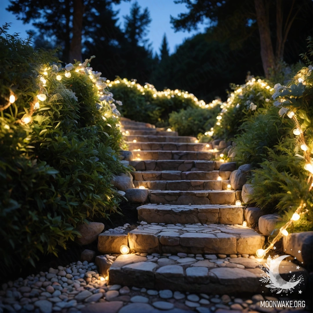 Романтический сад с гирляндами света, каменной дорожкой и деревянной лестницей