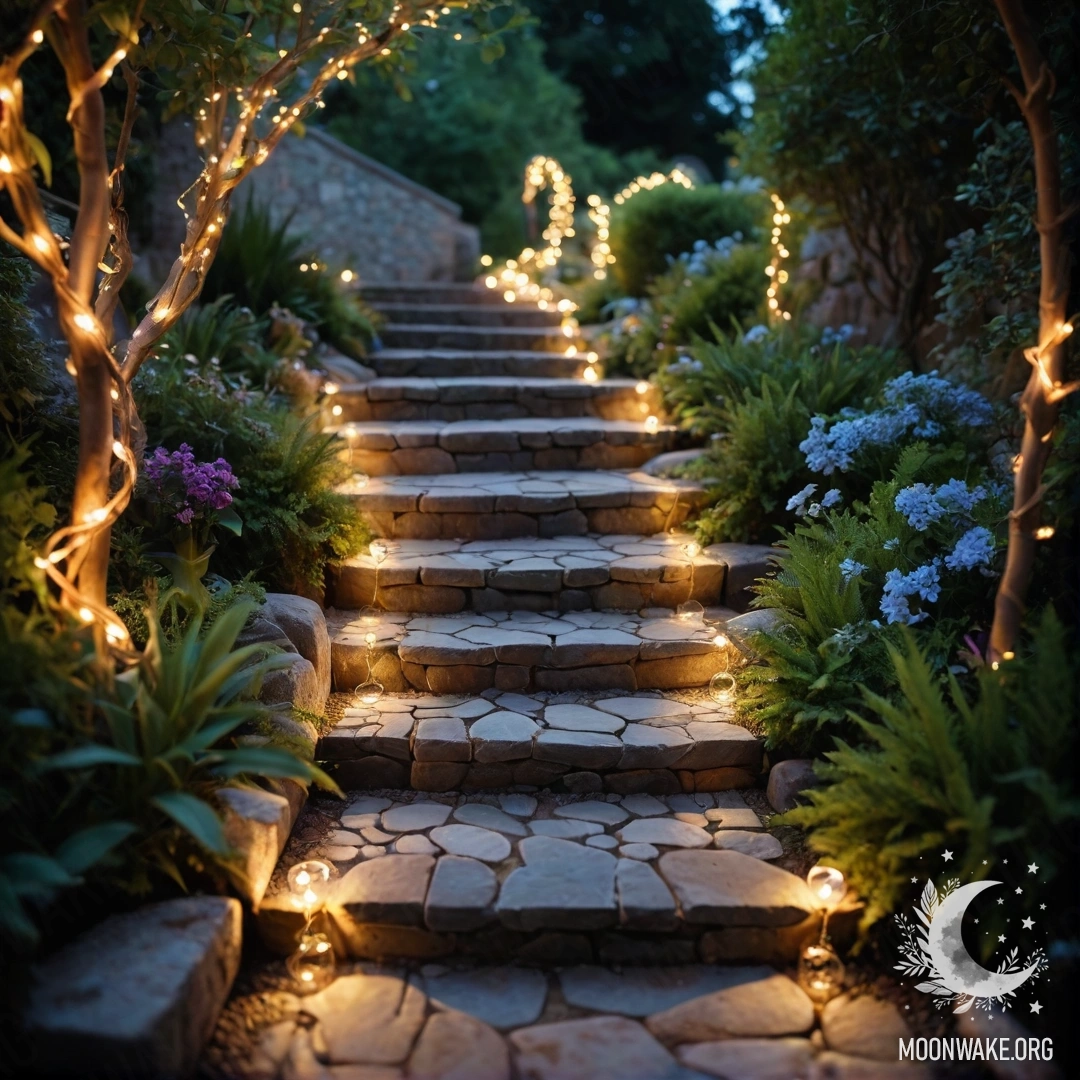 Романтический сад, освещенный гирляндами света, с каменной дорожкой и деревянной лестницей.