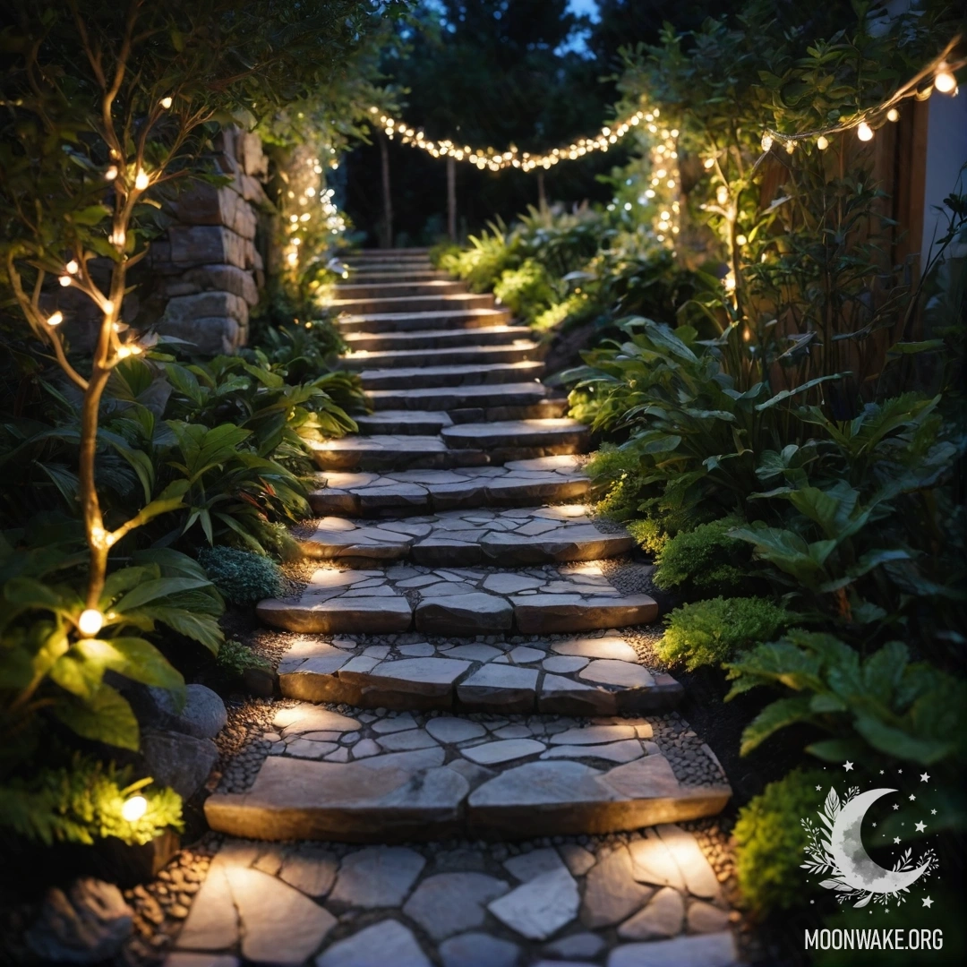 Уединённая садовая дорожка, освещённая светом гирлянд, со стилизованными камнями и деревянной лестницей ночью.