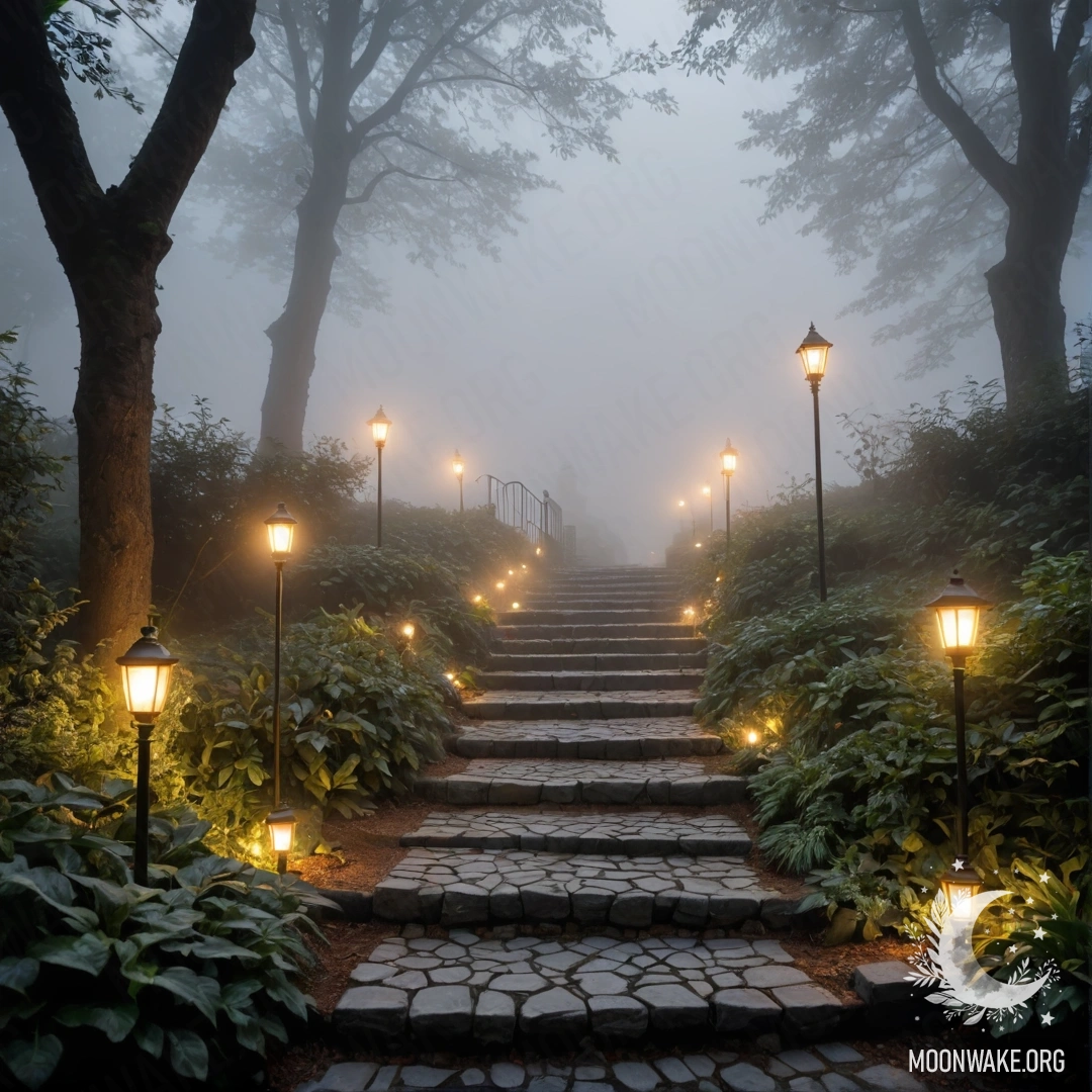 Каменная садовая дорожка ведет к деревянной лестнице, украшенной светящимися гирляндами, окутанной плотным туманом.