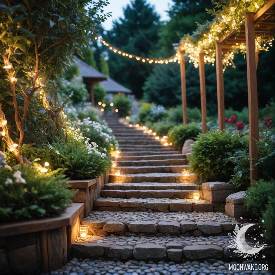 Романтическая садовая дорожка, украшенная огоньками и камнями, с деревянной лестницей.