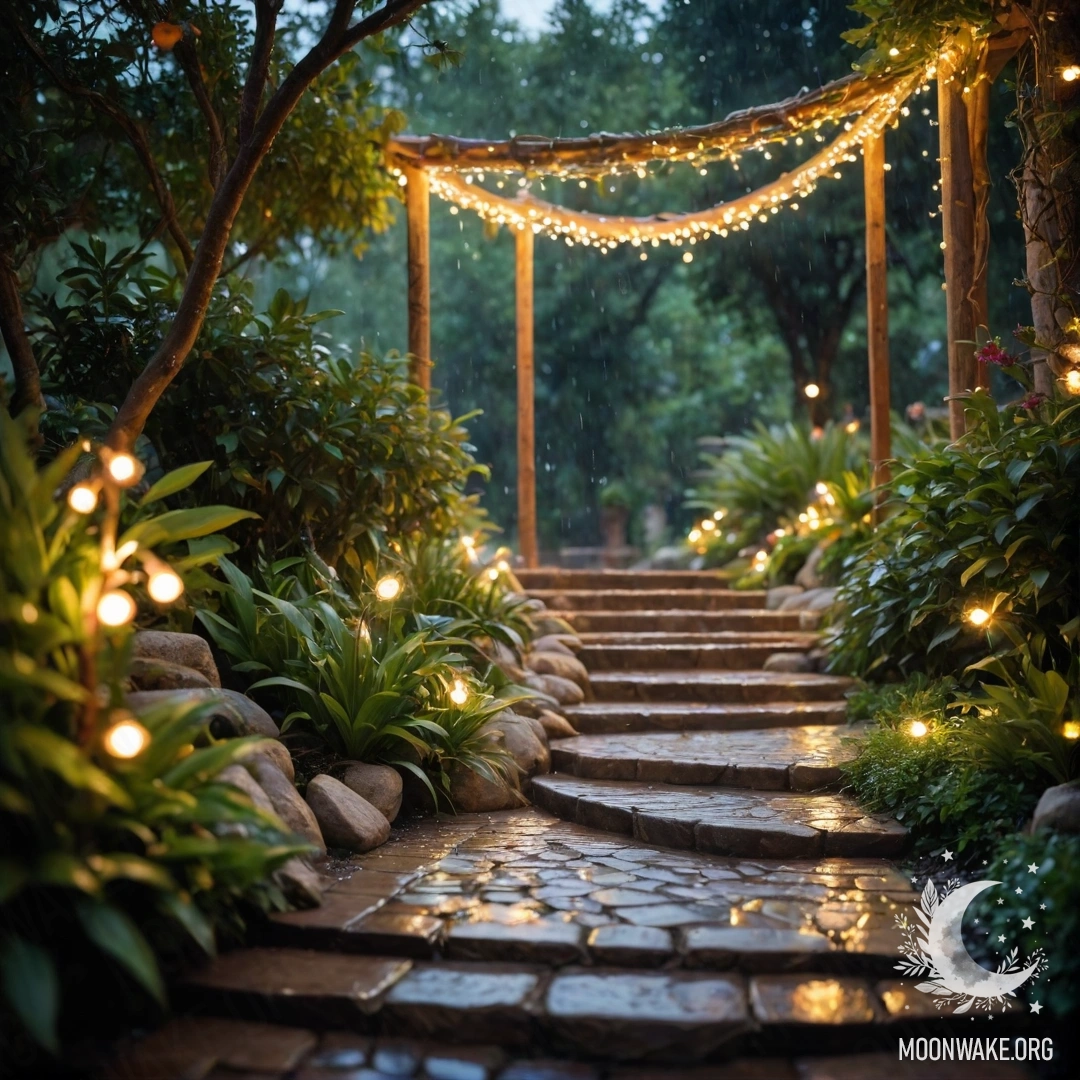 Романтический сад, украшенный легкими гирляндами, с каменной дорожкой и деревянной лестницей, все под дождем.