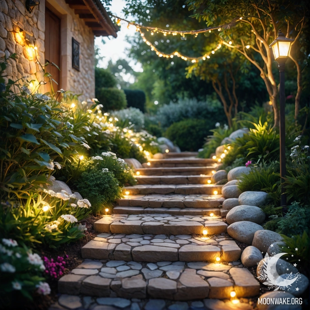 Спокойный сад, украшенный светлыми гирляндами и каменной дорожкой.
