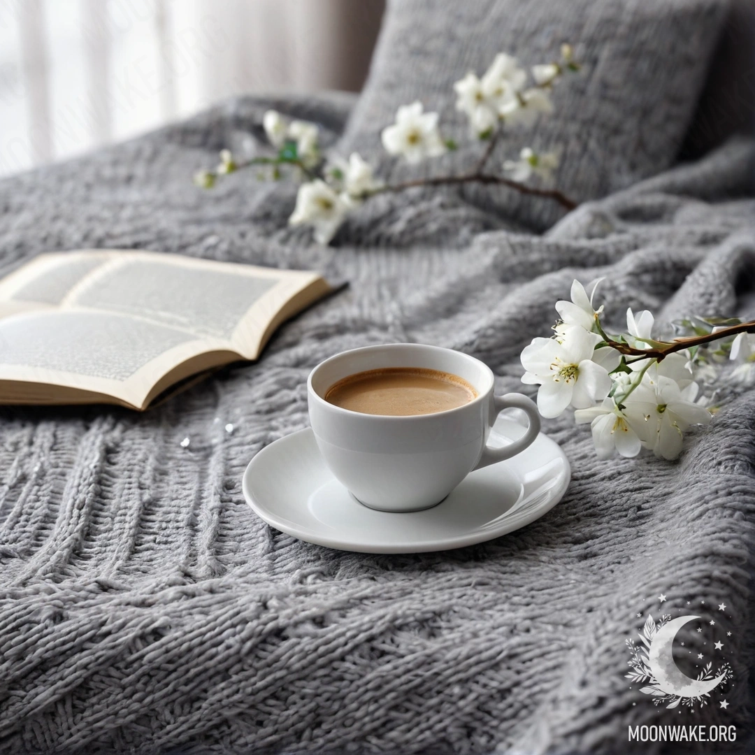 Старинный стол в саду под цветущим яблоневым деревом, на котором расположены чашки, чайник, ягоды, бутылка молока и цветы на закате.