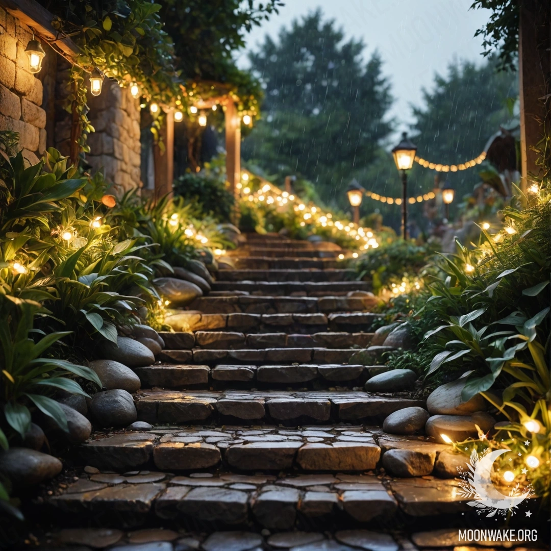 Романтическая садовая дорожка из камней с деревянной лестницей под дождем, украшенная световыми гирляндами.