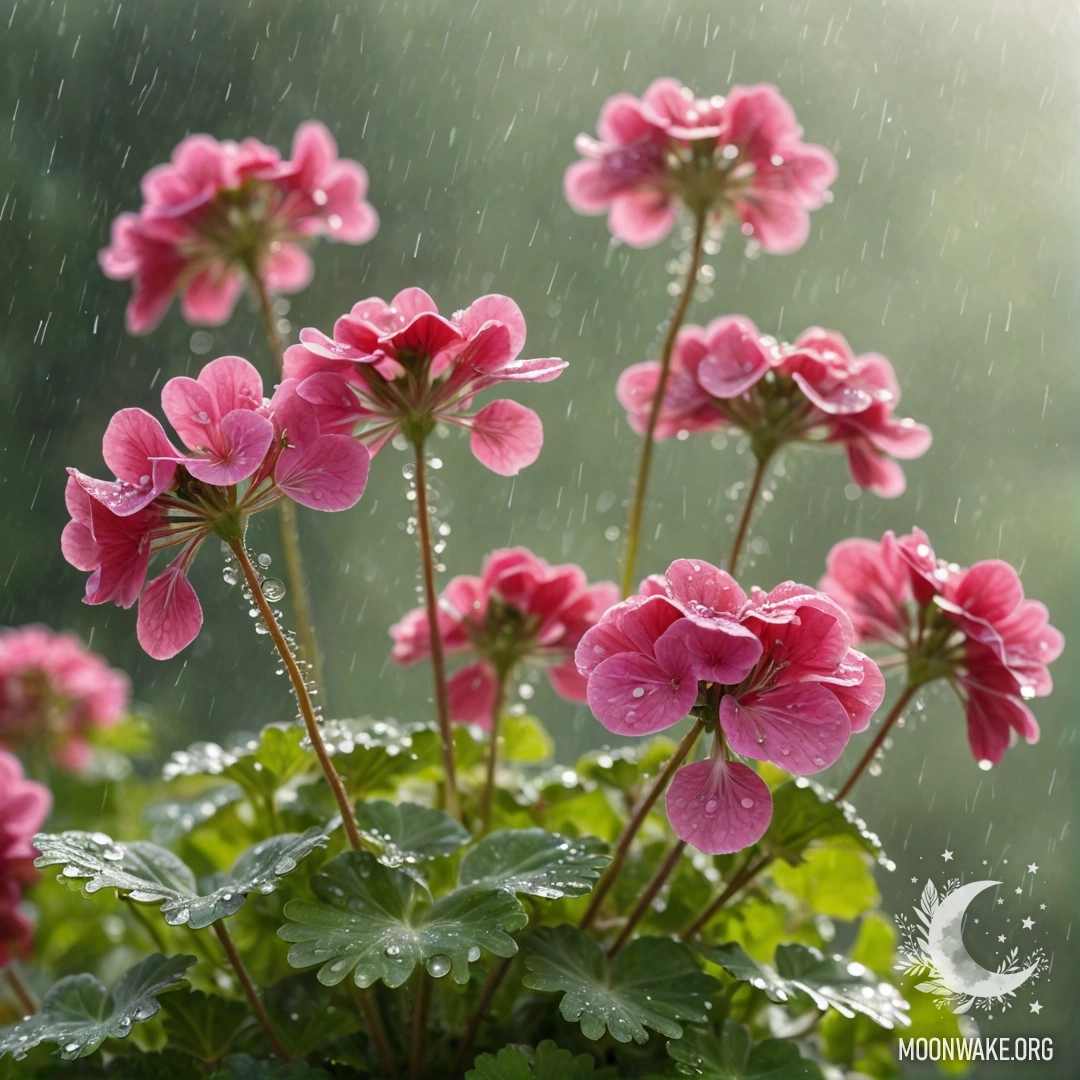 Романтичный герань, окутанный туманом под дождем, залитый солнечными лучами.