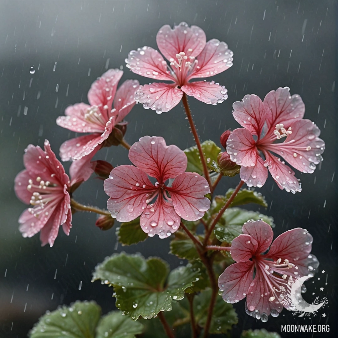 Романтический герань, окружённый туманом и каплями дождя, украшенный стразами в оттенках морской волны.