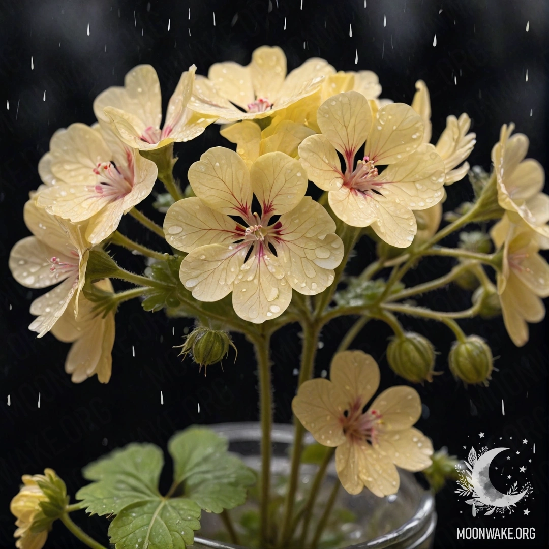 Кремово-желтая герань в вазе на дождливой ночи.