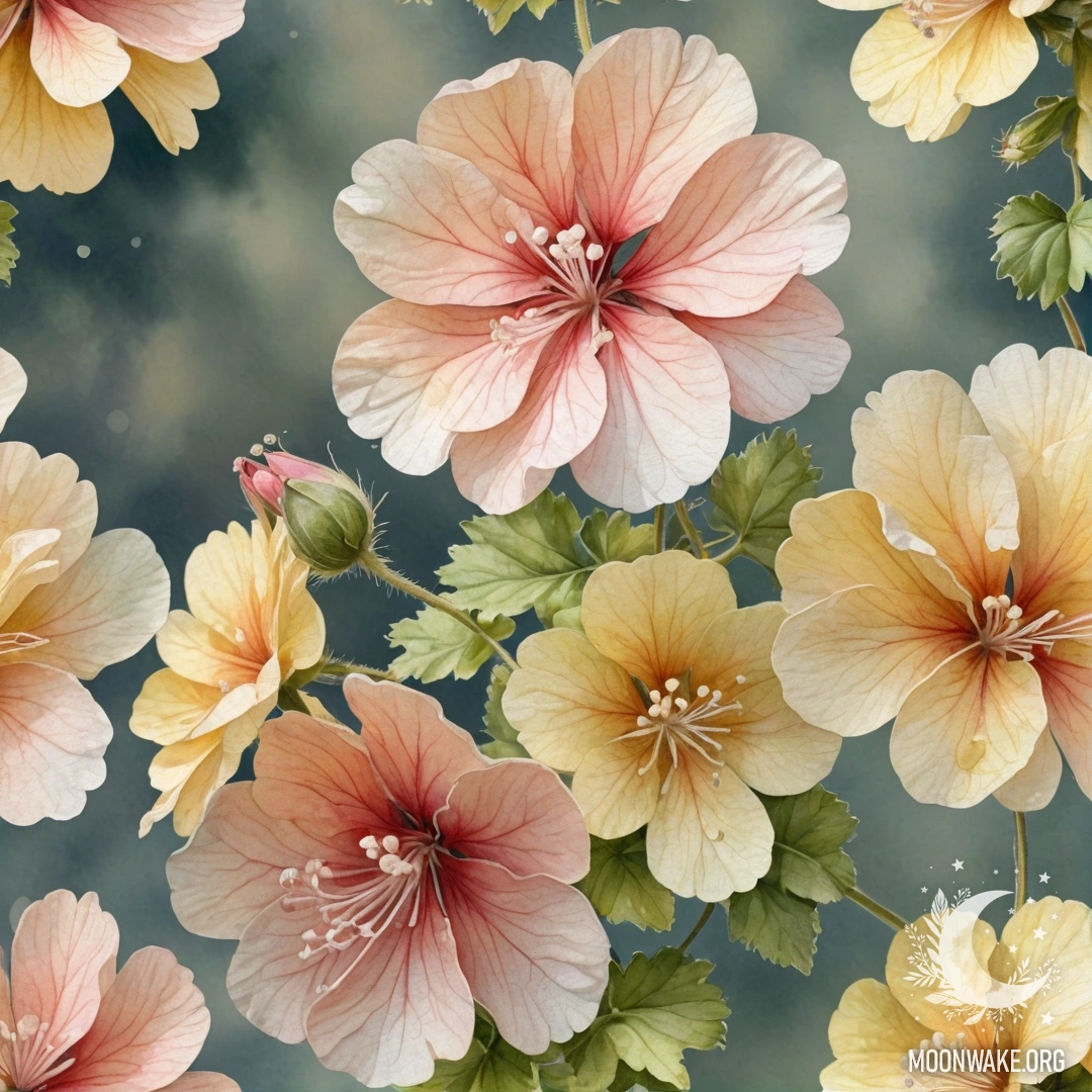 Акварельная картина кремово-желтого герани, украшенного стразами.