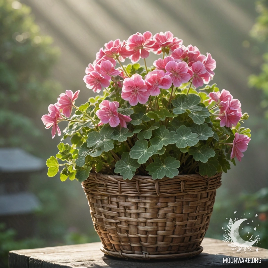 Корзина с романтическими геранями, окутанными туманом, освещённая солнечными лучами.