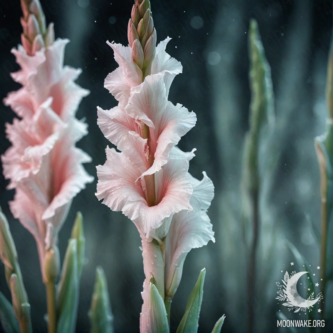 Романтический цветок гладиолуса, покрытый морозом, на фоне ночного неба.