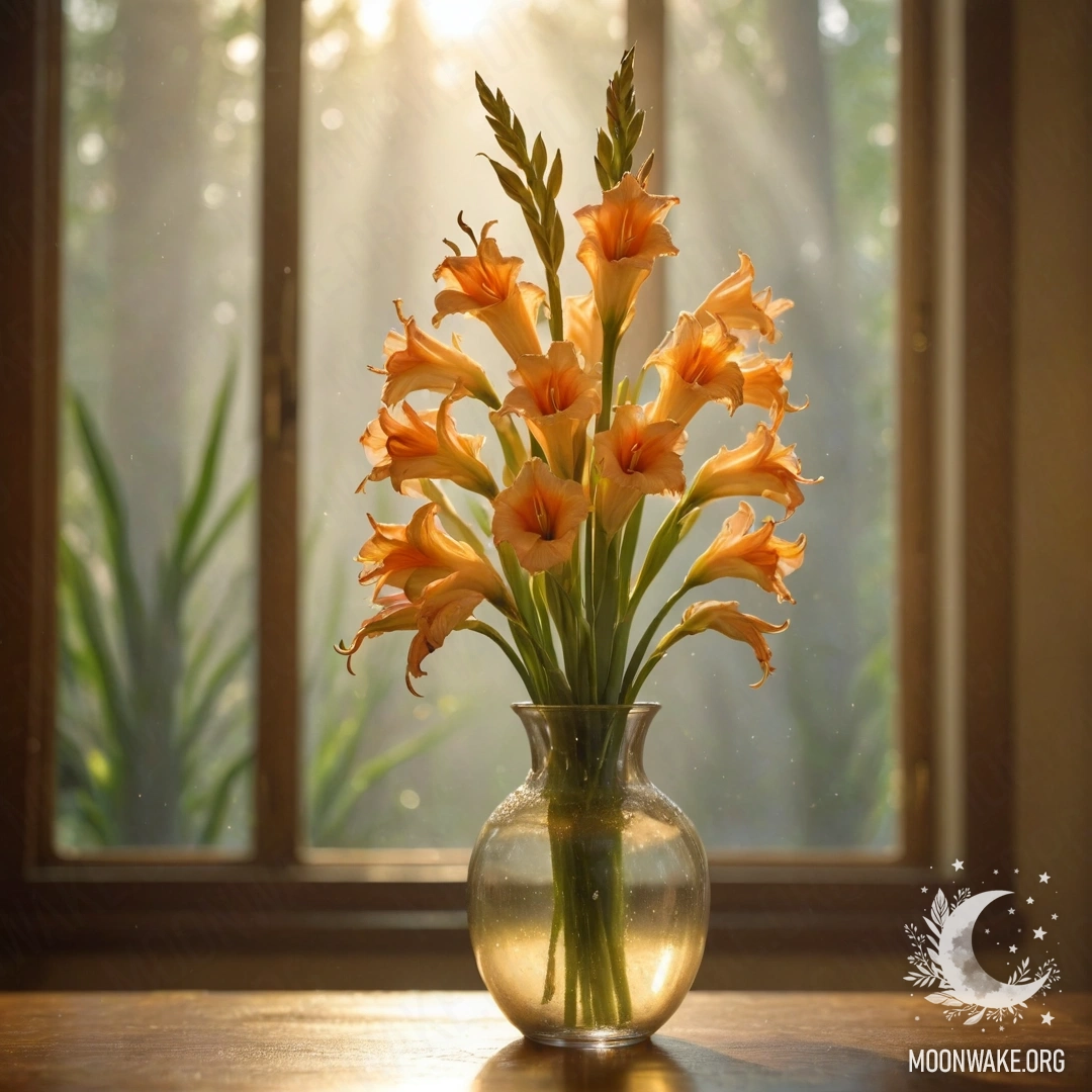 Золотая ваза с романтическим гладиолусом, окружённая туманом и солнечными лучами.