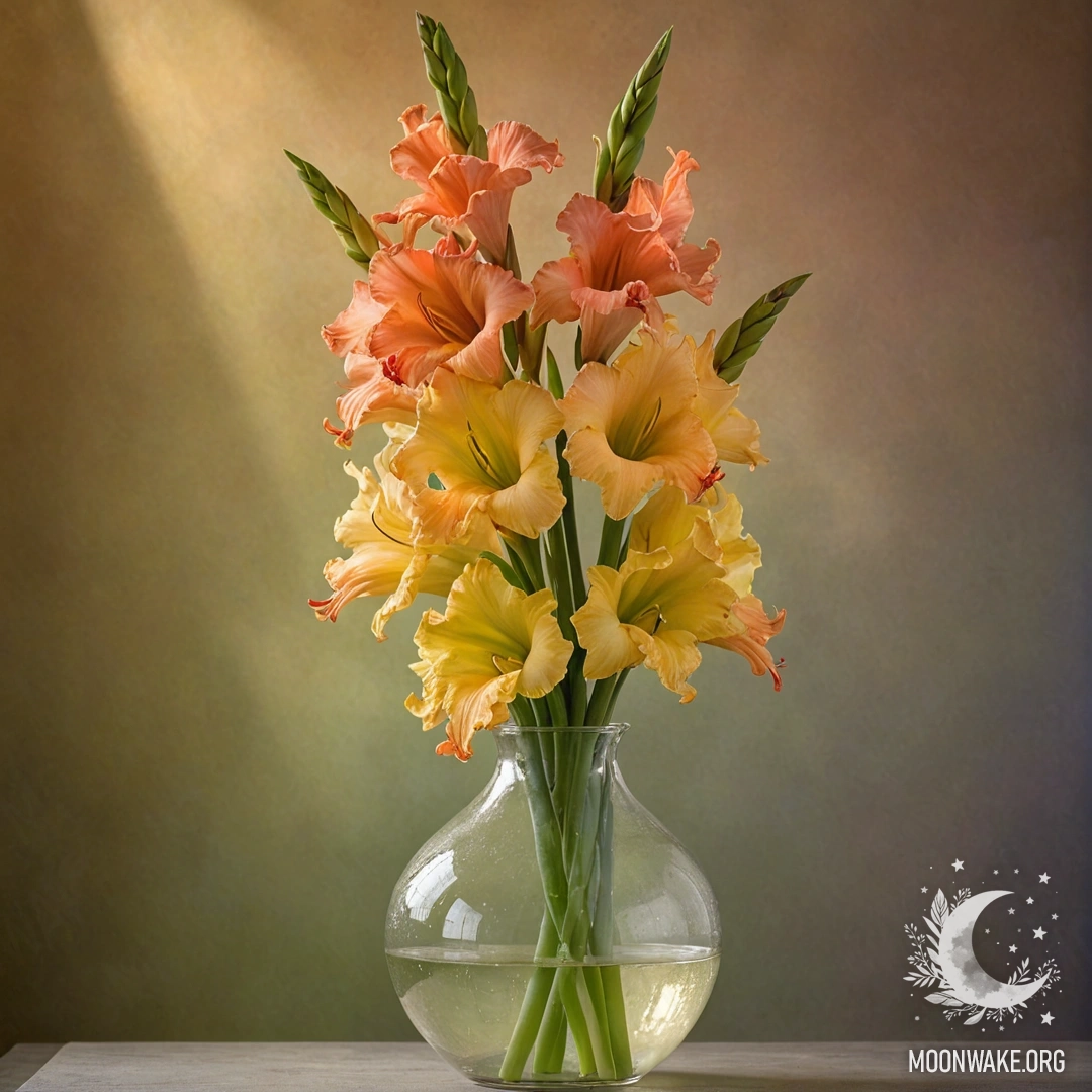 Гладиолус лаймового цвета в вазе, окруженный туманом на закате.