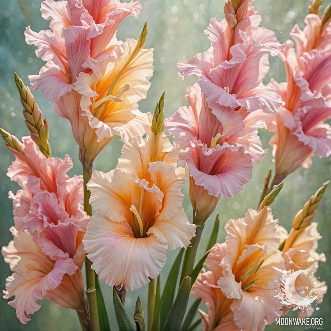 Пастельная картина гладиолусов с солнечными лучами и цветом морской волны.