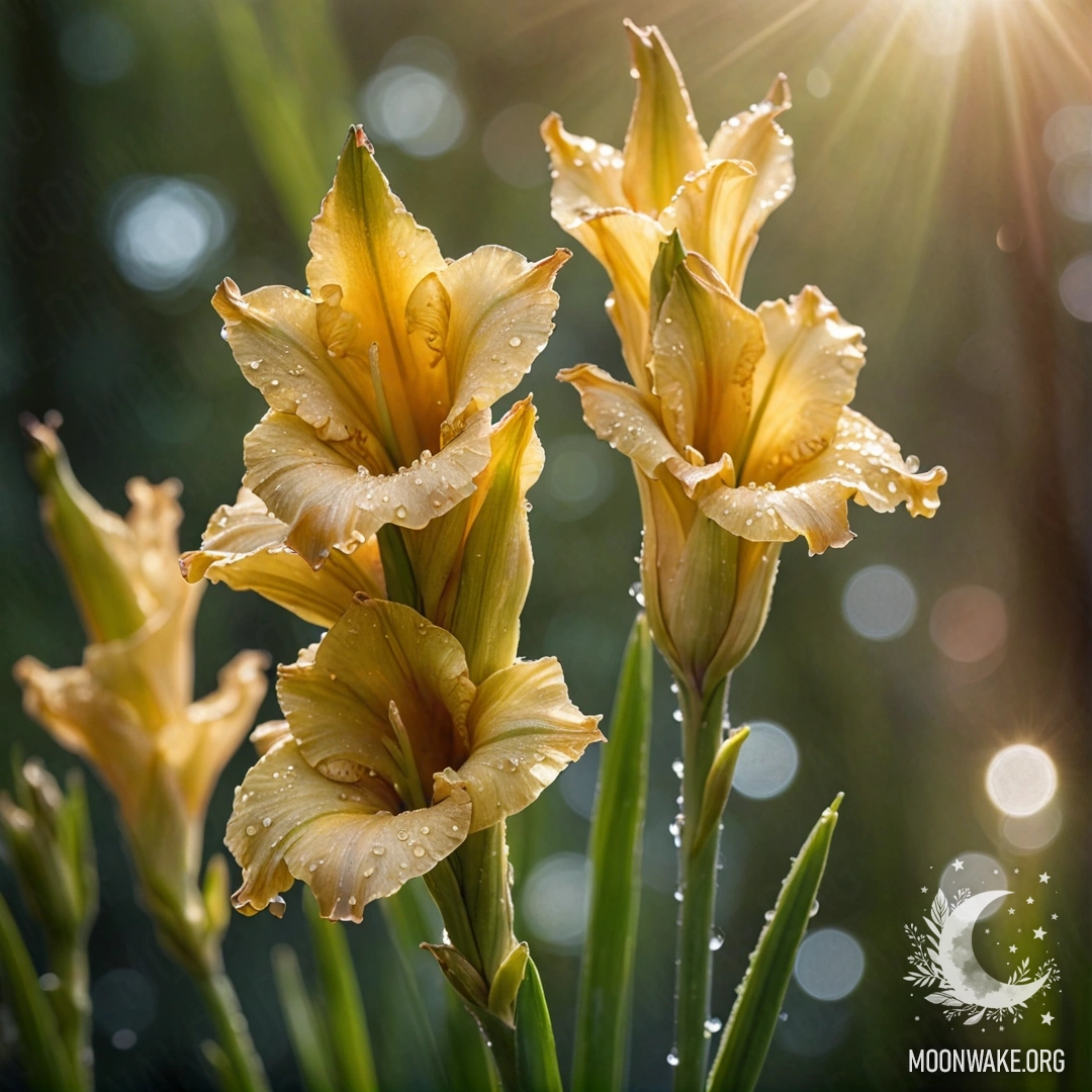 Романтический гладиолус оливкового цвета, украшенный каплями росы и стразами, освещенный мягким солнечным светом.