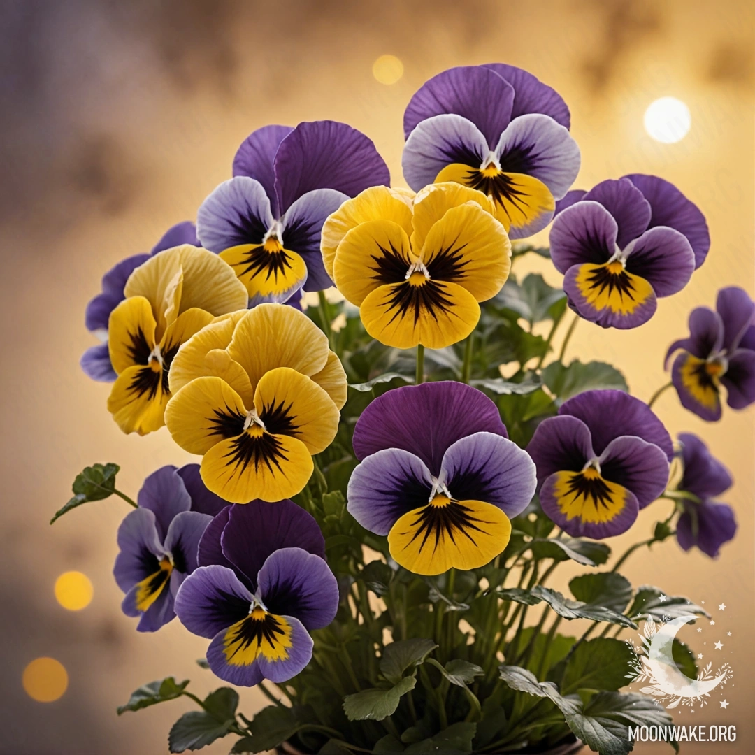 Букет золотых анютиных глазков, окруженный туманом на закате, украшенный японской каллиграфией.