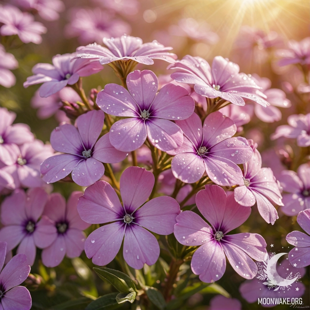 Романтический золотистый флокс, украшенный сверкающими стразами под солнечными лучами.