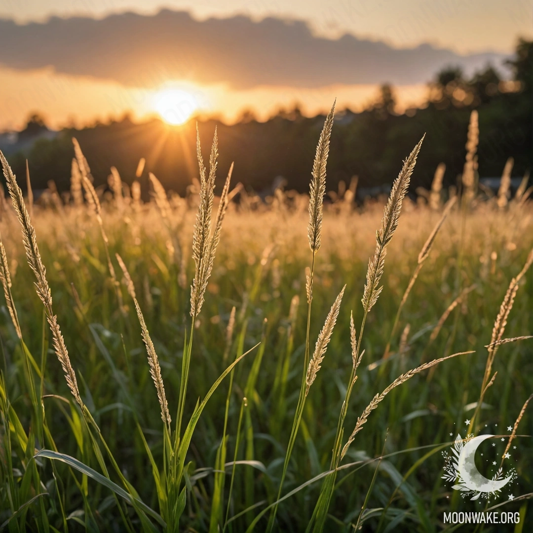 Крупный план нежной травы на фоне размытого заката.