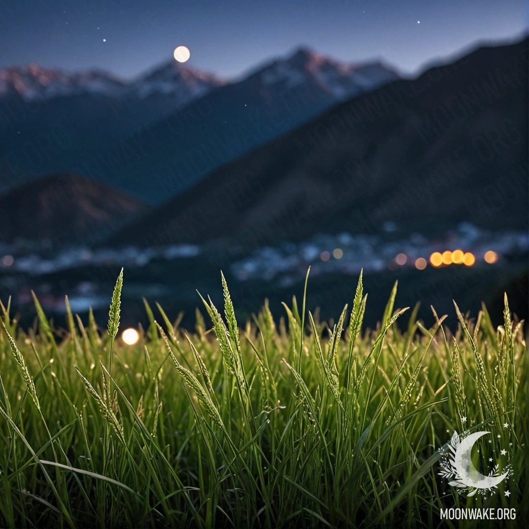Крупный план травы на фоне размытых гор ночью.