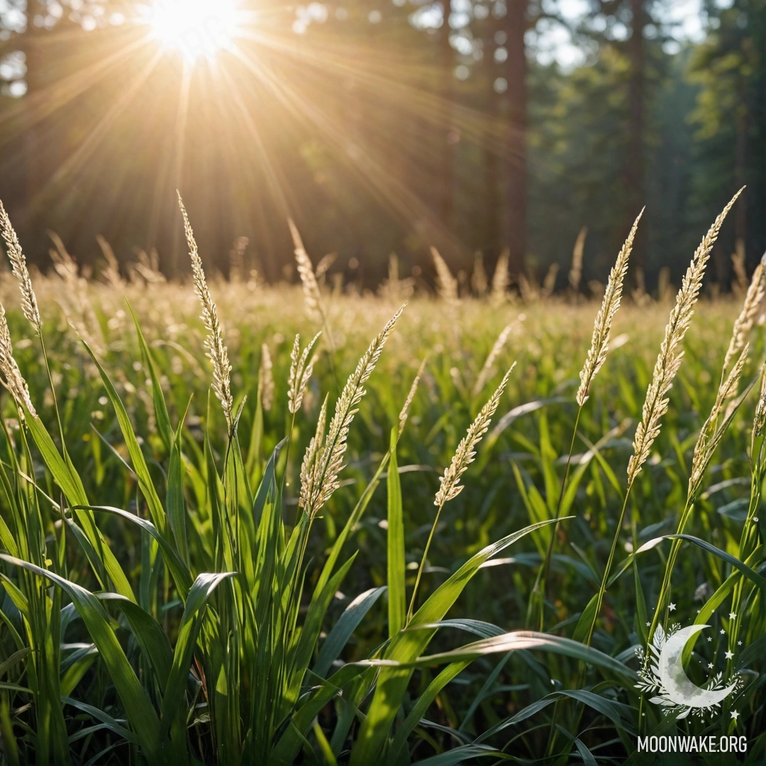 Крупный план травы на романтическом поле с размытым лесом и солнечными лучами.