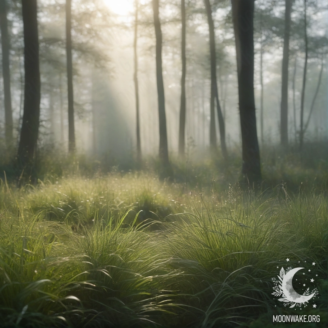 Крупный план травы на поле с размытым фоном и солнечными лучами, пробивающимися сквозь деревья.