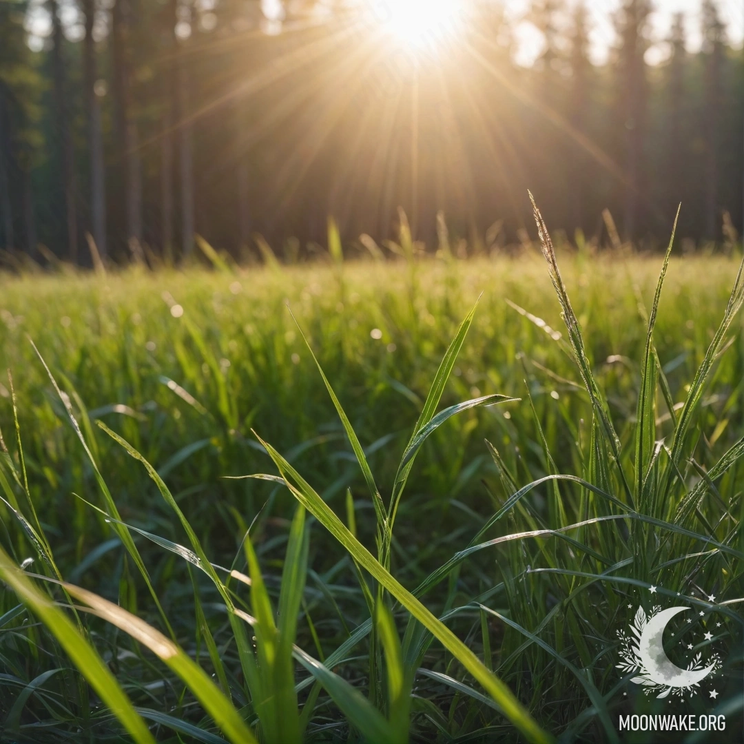 Крупный план нежной травы с мягким боке в лесу, озаренной солнечными лучами.