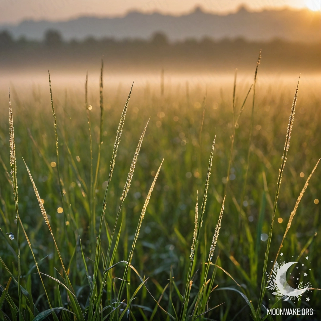 Крупный план романтической травы на фоне размытого боке туманных полей на закате с каплями дождя.