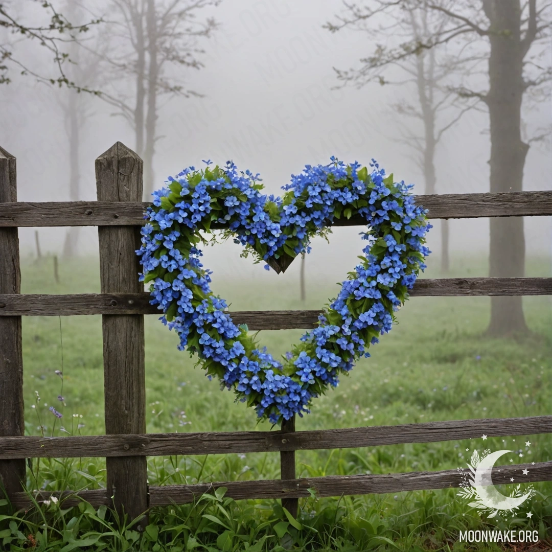 Крупный план старого деревянного забора, украшенного венком из синих цветов в форме сердца, окруженным густым туманом.