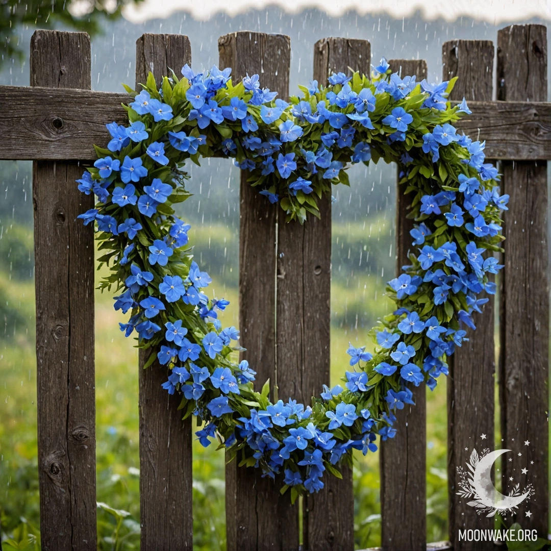 Крупный план старого деревянного забора, украшенного венком в форме сердца из голубых цветов под дождём.