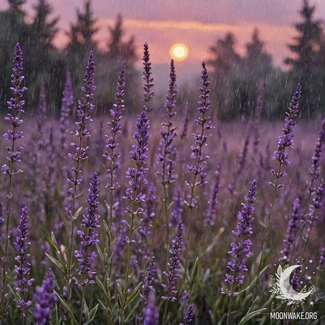 Акварельная картина с вереском под дождем на закате, в лавандовых оттенках.