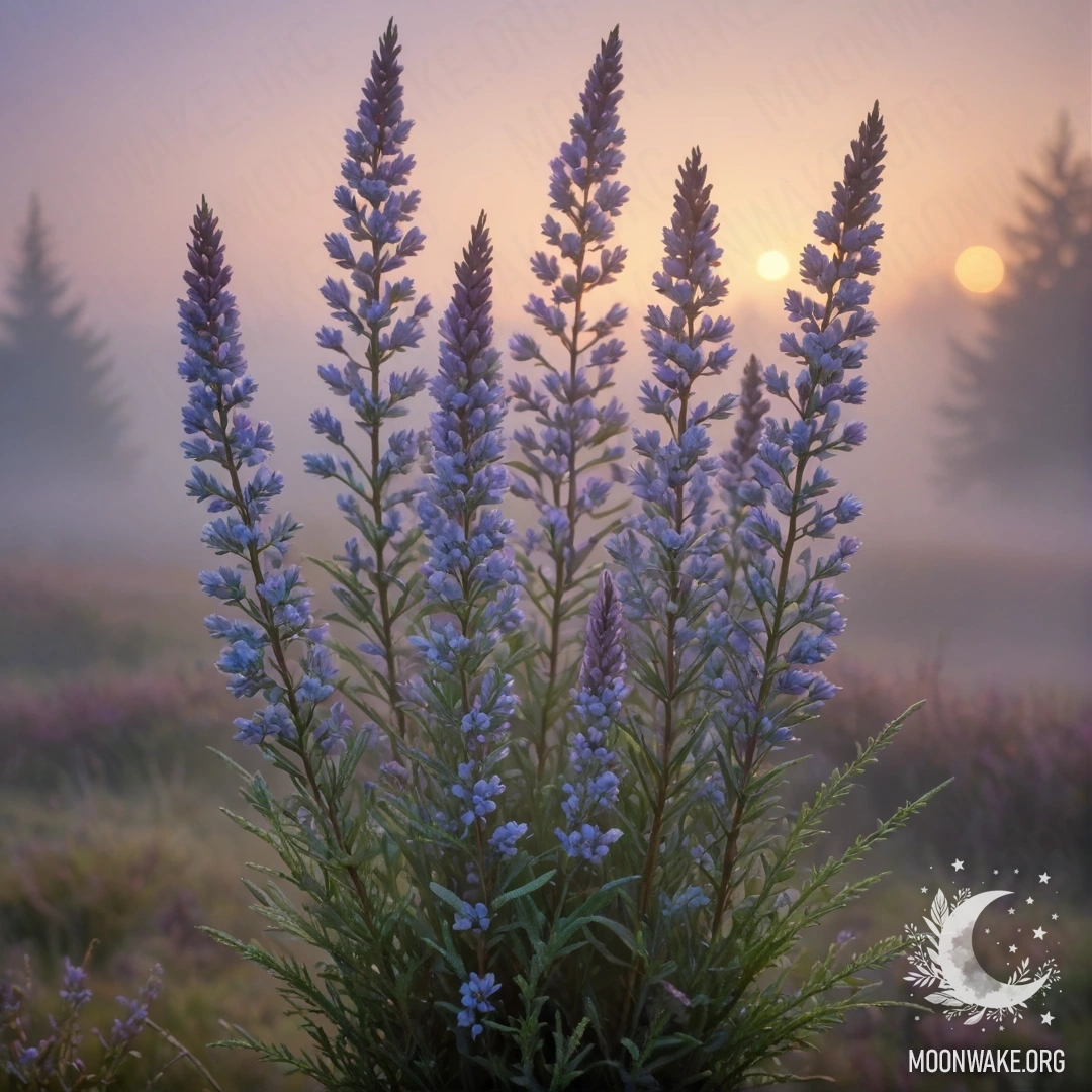 Букет вереска зелено-голубого цвета в туманной обстановке на закате.