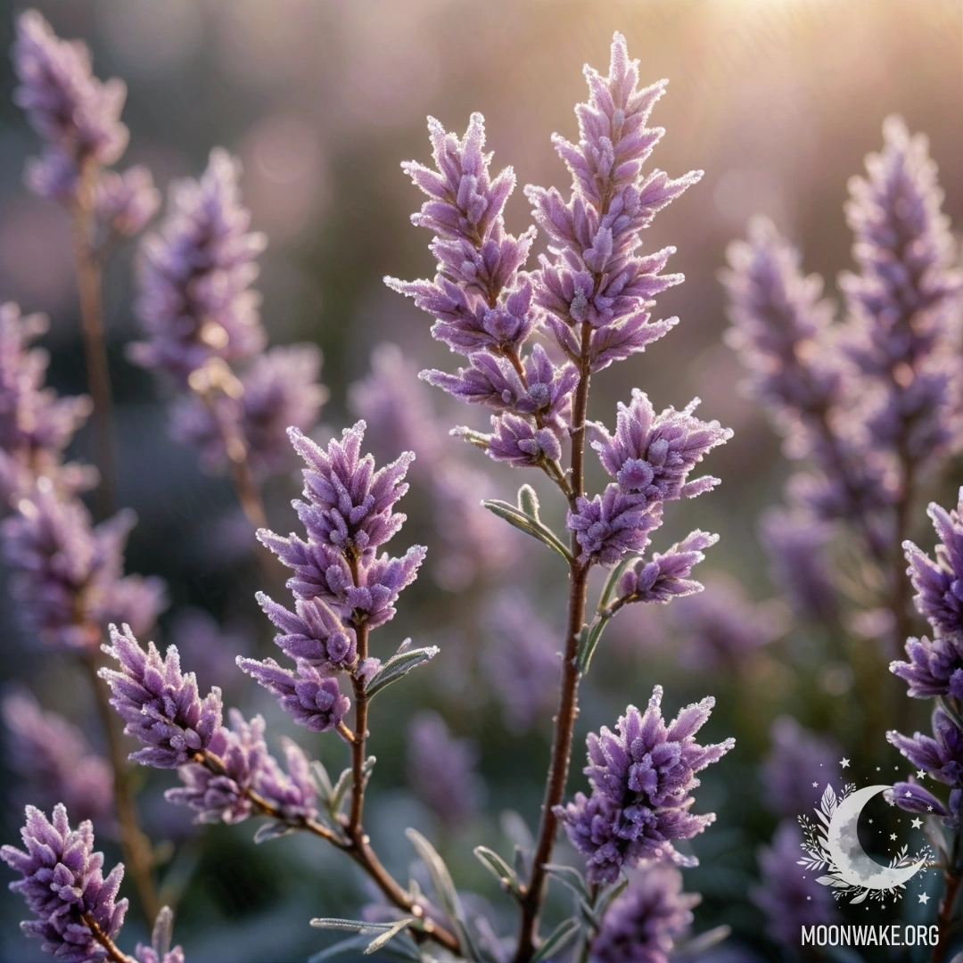 Красивая вересковая растительность, покрытая морозом, освещённая солнечными лучами, с лавандовыми оттенками и сверкающими стразы.