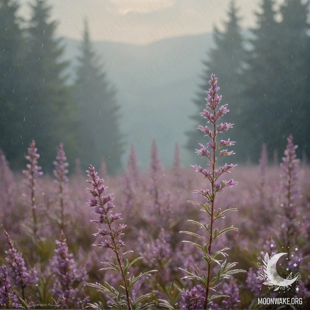 Туманный пейзаж с романтическим вереском и солнечными лучами, пробивающимися сквозь дождь.
