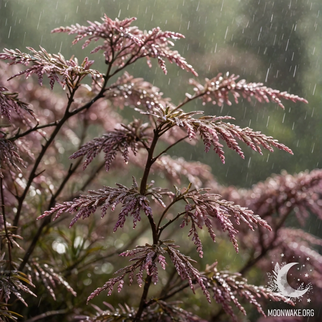 Романтическая сцена с вереском в тумане под дождем, освещенная солнечными лучами и украшенная кофе цветом стразы.